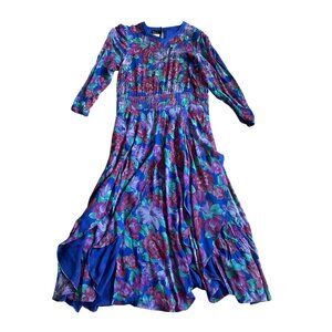 Diane Freis Vintage Floral Dress Beaded Long Sleeve 100% Silk Dancing Size Large